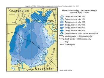 Zanikanie jeziora od 1960 do 2009 roku.